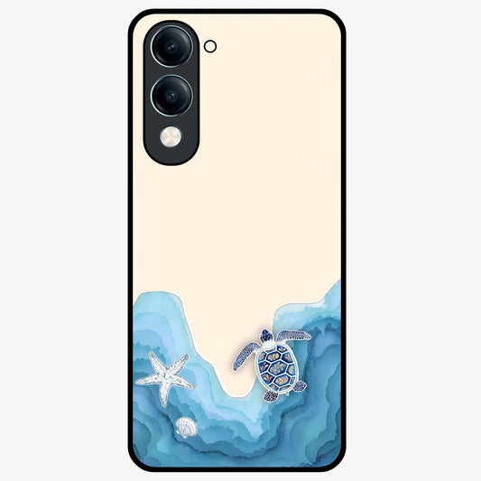Ocean Drift Turtle Glass Case showing flat back view with sea turtle artwork and glossy glass finish.