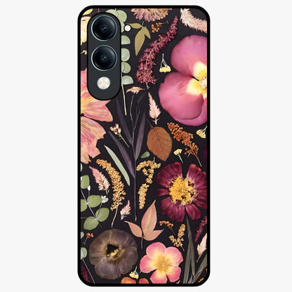 Petal Dream Tapestry Glass Case showing flat back view with intricate floral tapestry artwork and glossy glass finish.