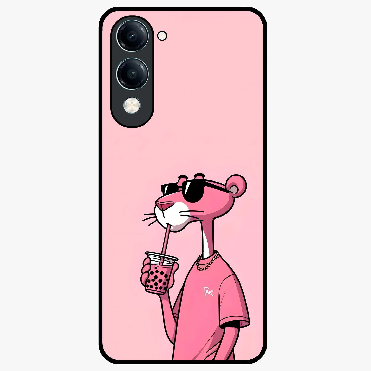 Pink Panther Glass Case showing flat back view with iconic pink panther artwork and glossy glass finish.