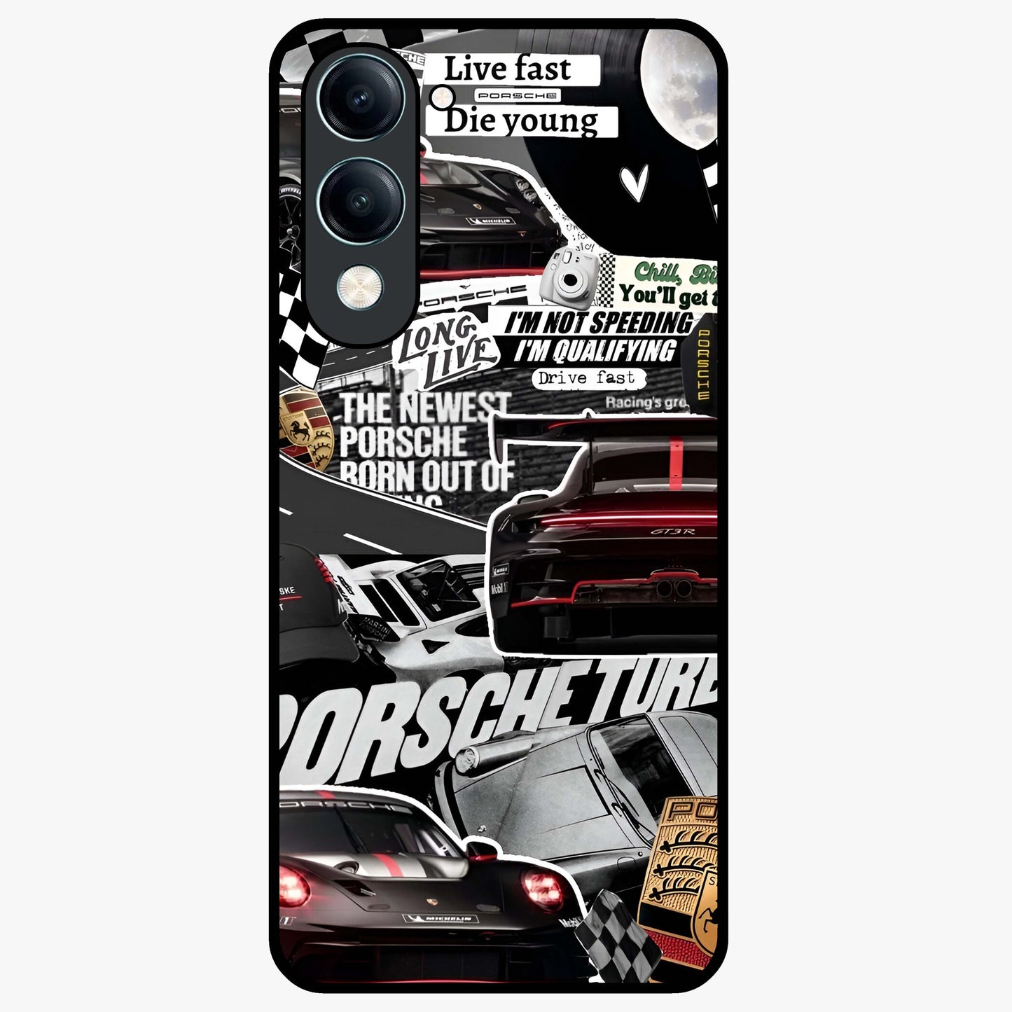 Porsche Racing Collage Glass Case showing flat back view with sports car racing collage artwork and glossy glass finish.