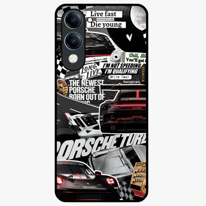 Porsche Racing Collage Glass Case showing flat back view with sports car racing collage artwork and glossy glass finish.