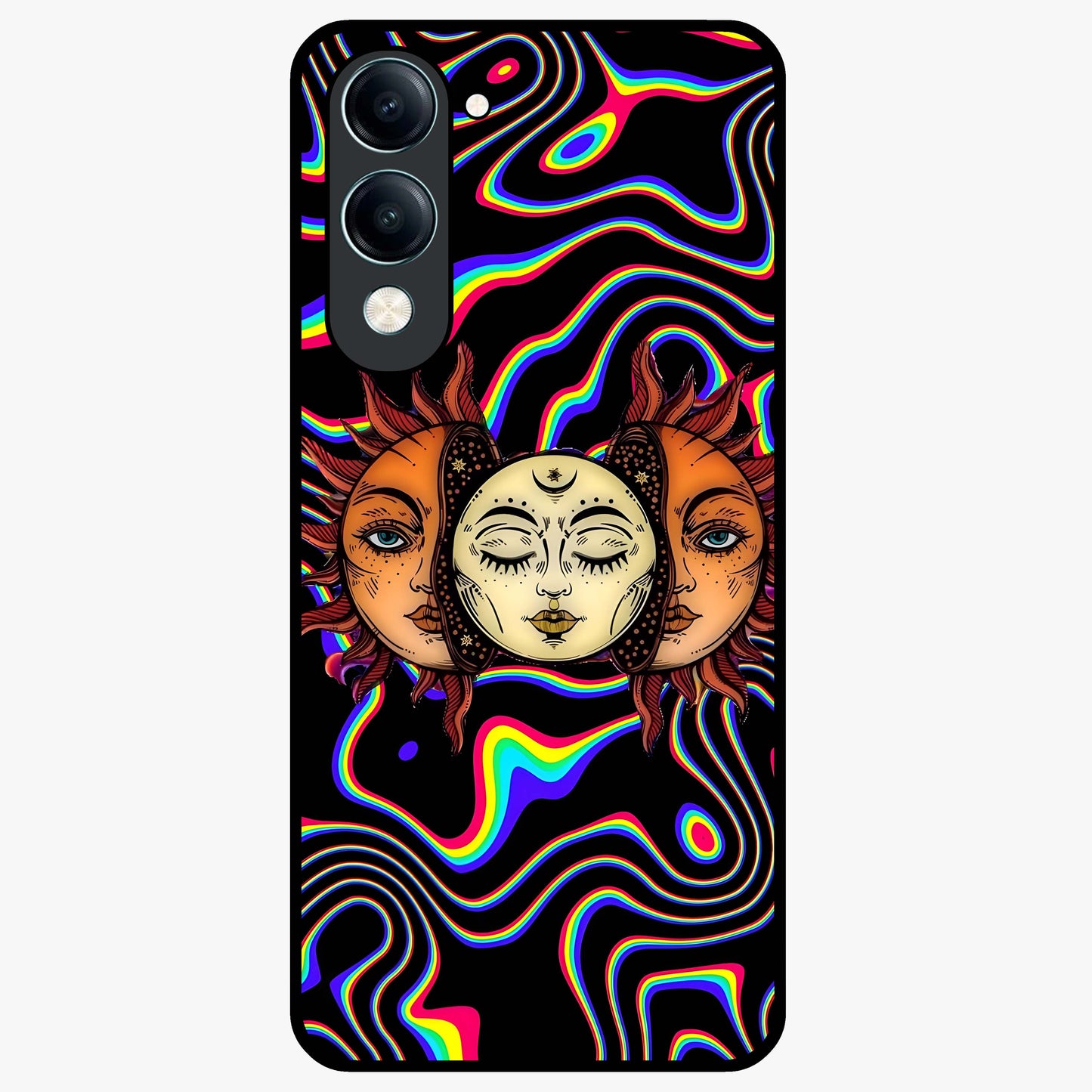 Psychedelic Sun Glass Case showing flat back view with colorful psychedelic sun artwork and glossy glass finish.