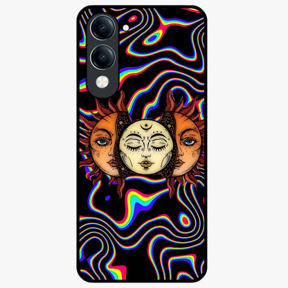 Psychedelic Sun Glass Case showing flat back view with colorful psychedelic sun artwork and glossy glass finish.