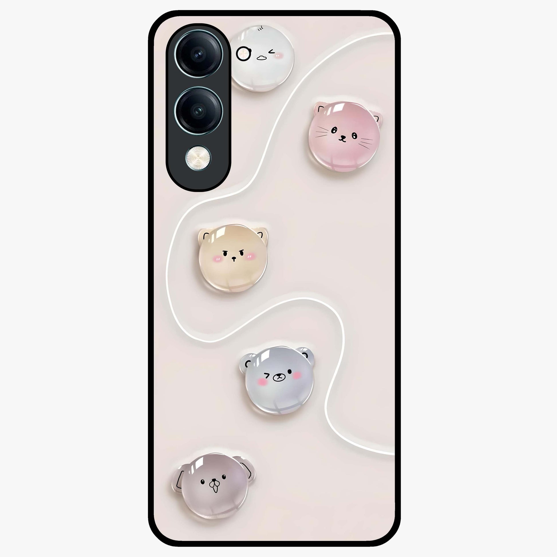 Puffy Face Parade Glass Case showing flat back view with cute puffy character faces artwork and glossy glass finish.