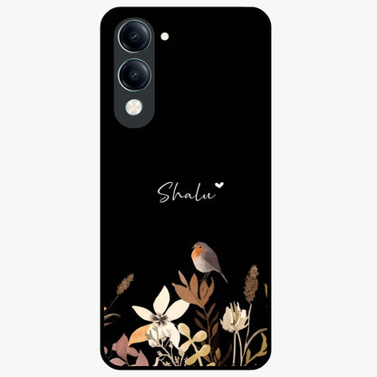 Quiet Garden Tune Custom Name Glass Case showing flat back view with peaceful garden artwork and personalized name design.