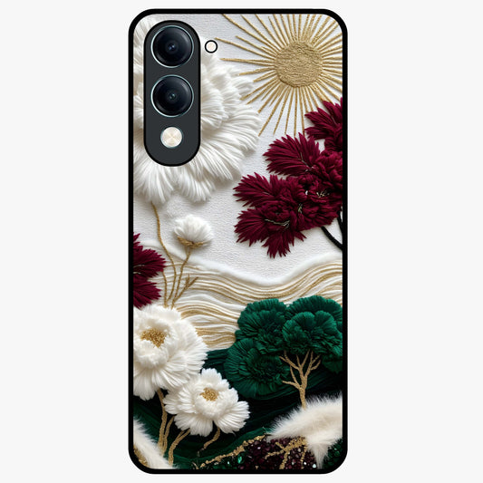 Radiant Bloom Elegance Glass Case showing flat back view with elegant blooming flower artwork and glossy glass finish.