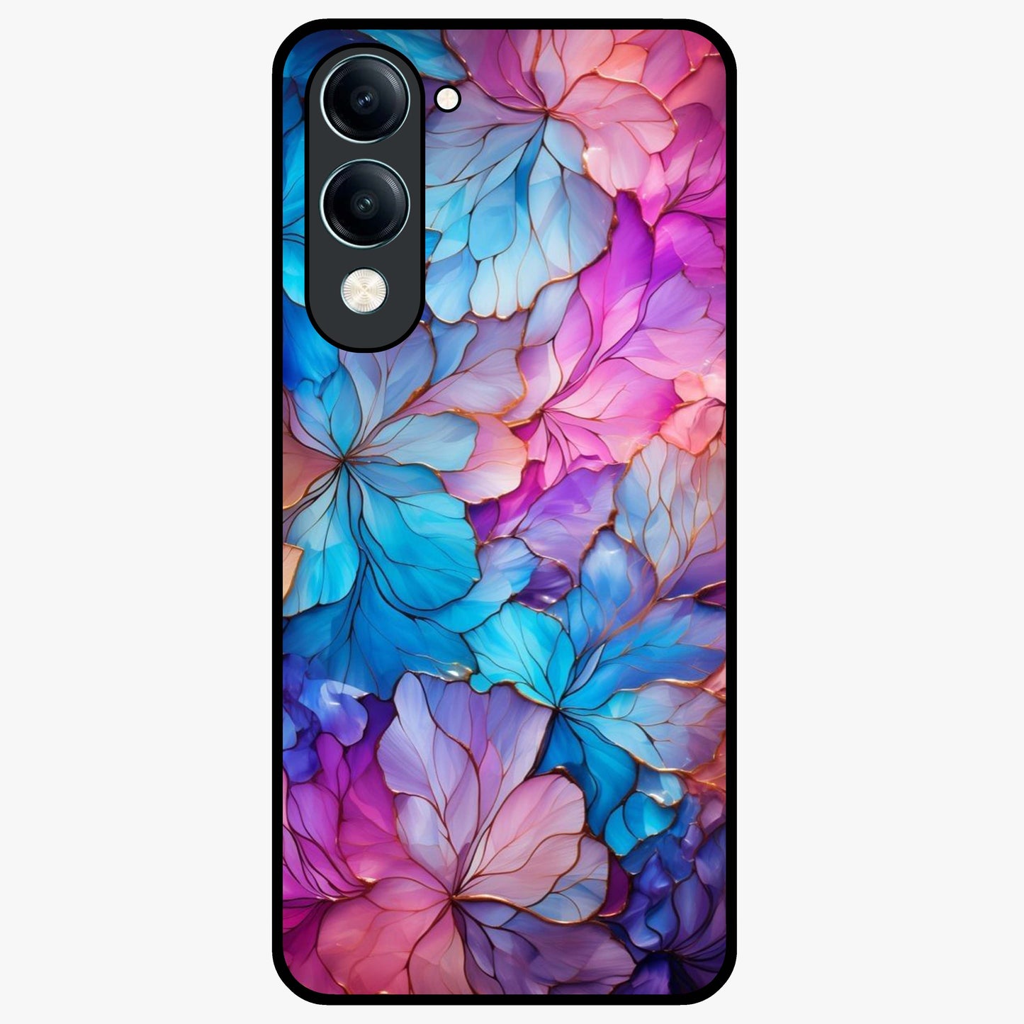 Radiant Floral Whirl Glass Case showing flat back view with swirling floral artwork and glossy glass finish.