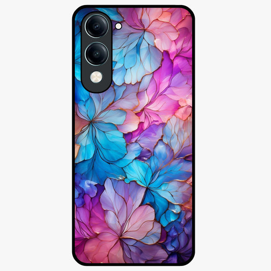 Radiant Floral Whirl Glass Case showing flat back view with swirling floral artwork and glossy glass finish.