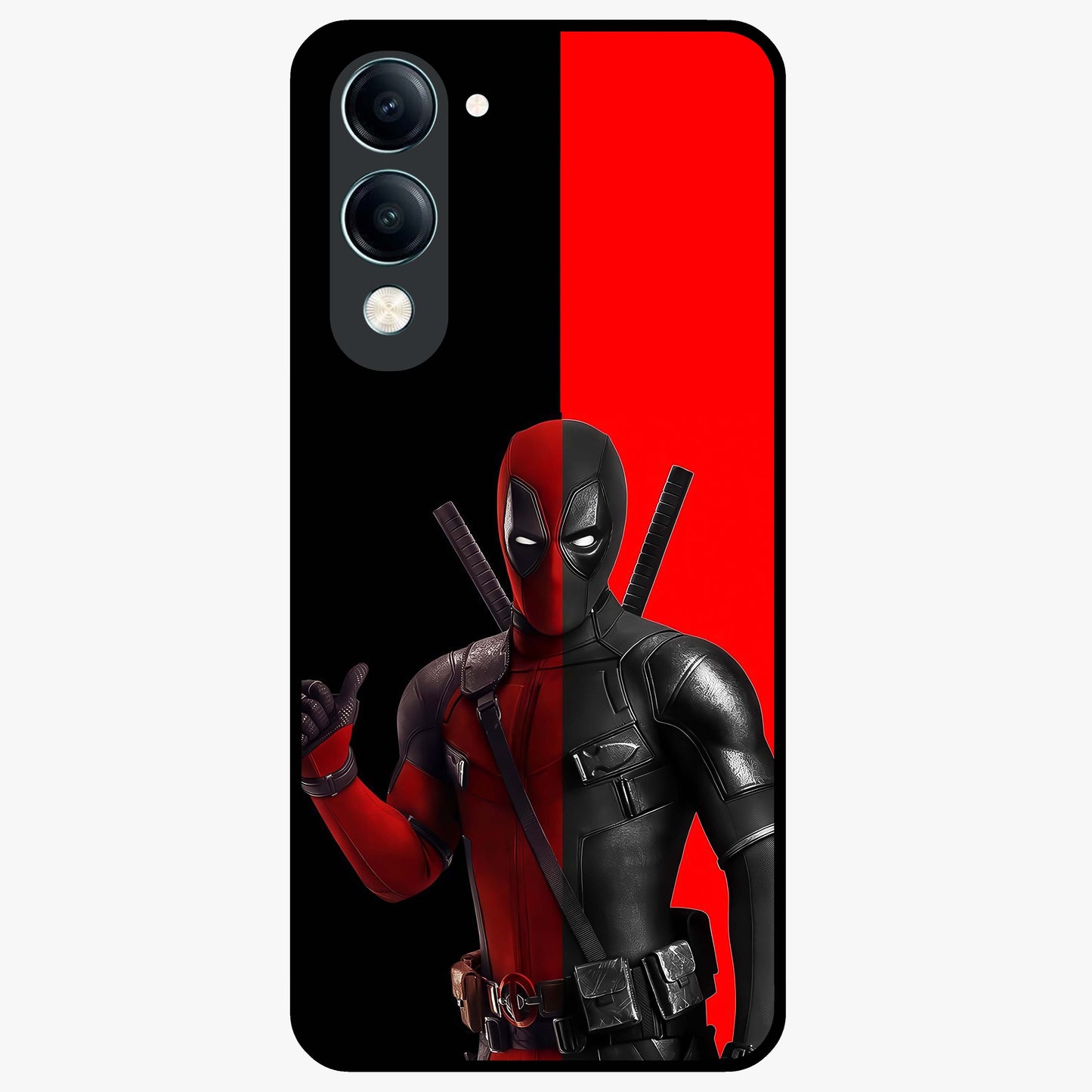 Red & Black Deadpool Theme Glass Case showing flat back view with bold comic inspired artwork and glossy glass finish.