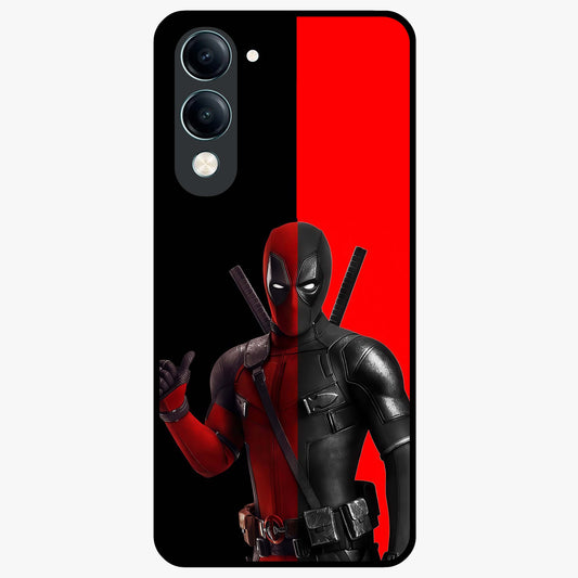 Red & Black Deadpool Theme Glass Case showing flat back view with bold comic inspired artwork and glossy glass finish.