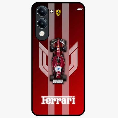 Red Ferrari F1 Vertical Glass Case showing flat back view with sleek Formula racing car artwork and glossy glass finish.