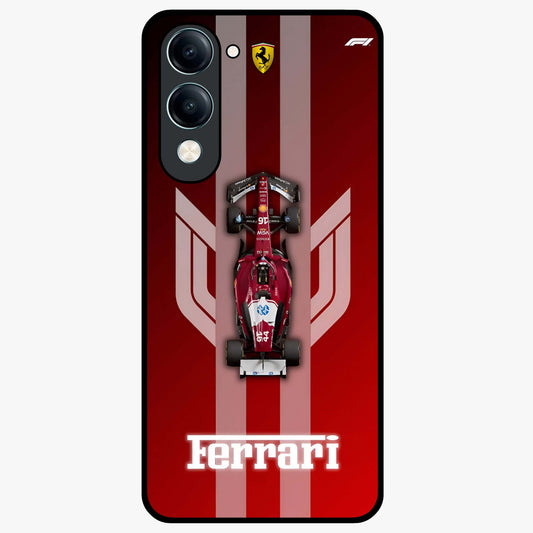 Red Ferrari F1 Vertical Glass Case showing flat back view with sleek Formula racing car artwork and glossy glass finish.