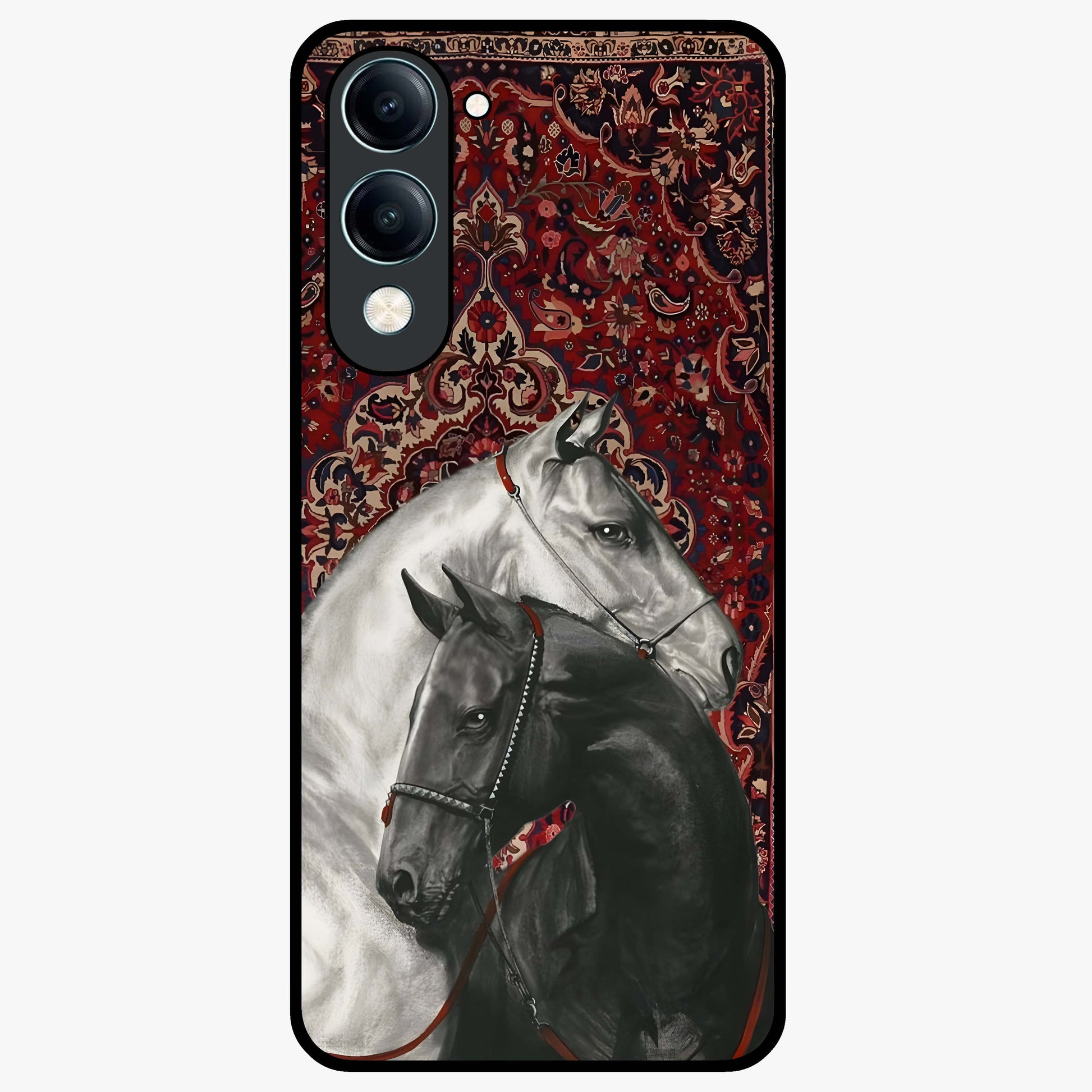 Regal Stallion Tapestry Glass Case showing flat back view with majestic horse tapestry artwork and glossy glass finish.