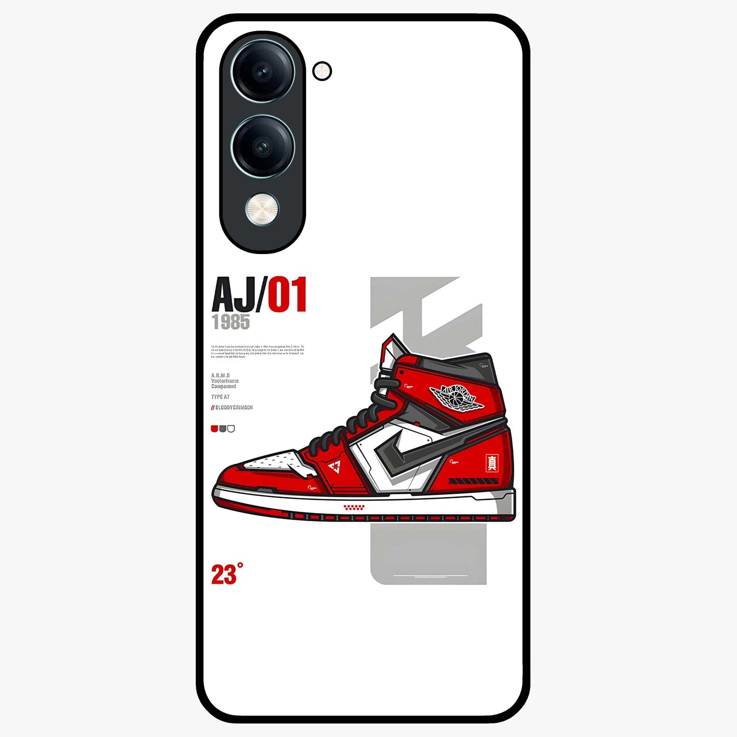 Retro Sneaker Blueprint Glass Case showing flat back view with sneaker blueprint style artwork and glossy glass finish.