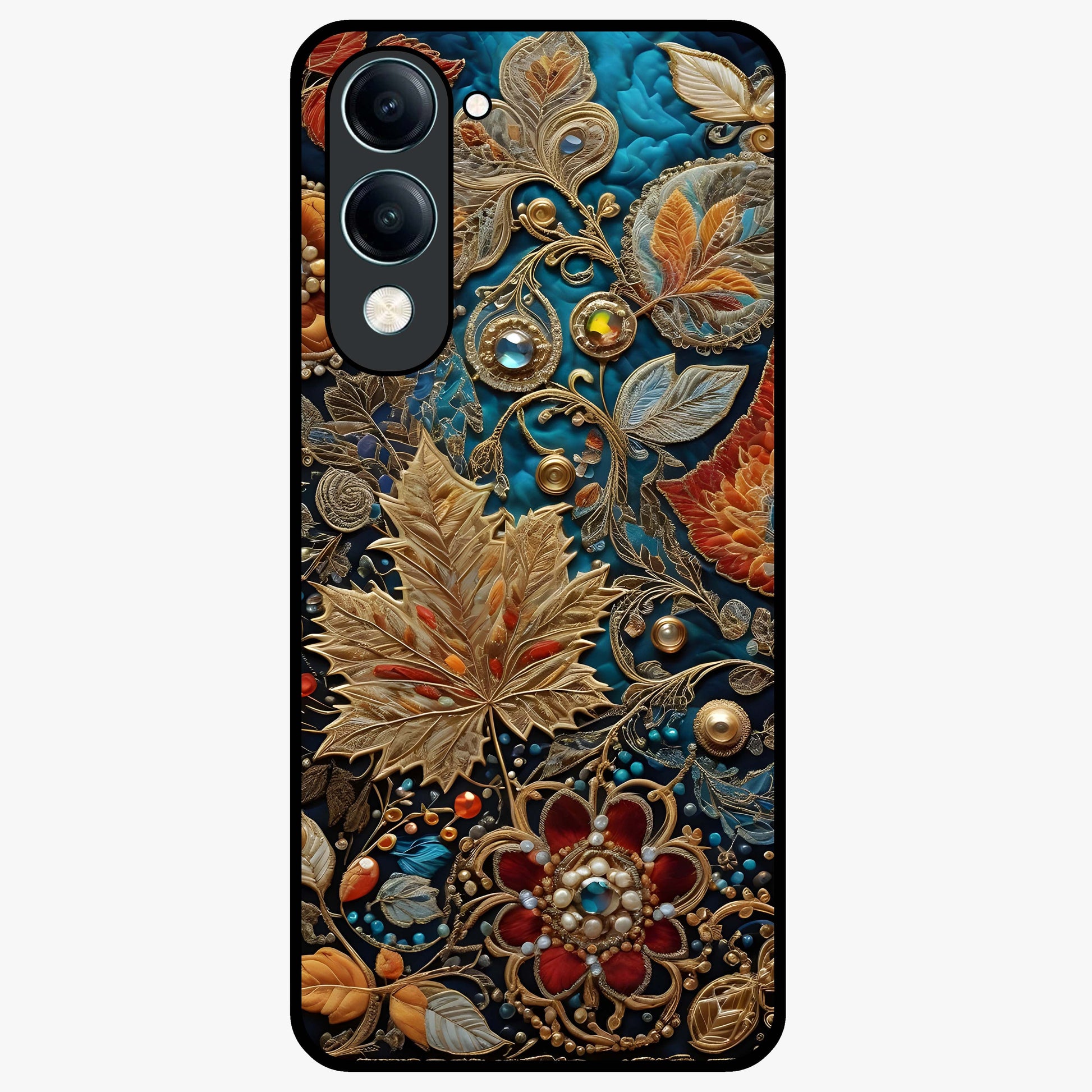 Royal Jewel Garden Glass Case showing flat back view with decorative floral garden artwork and glossy glass finish.