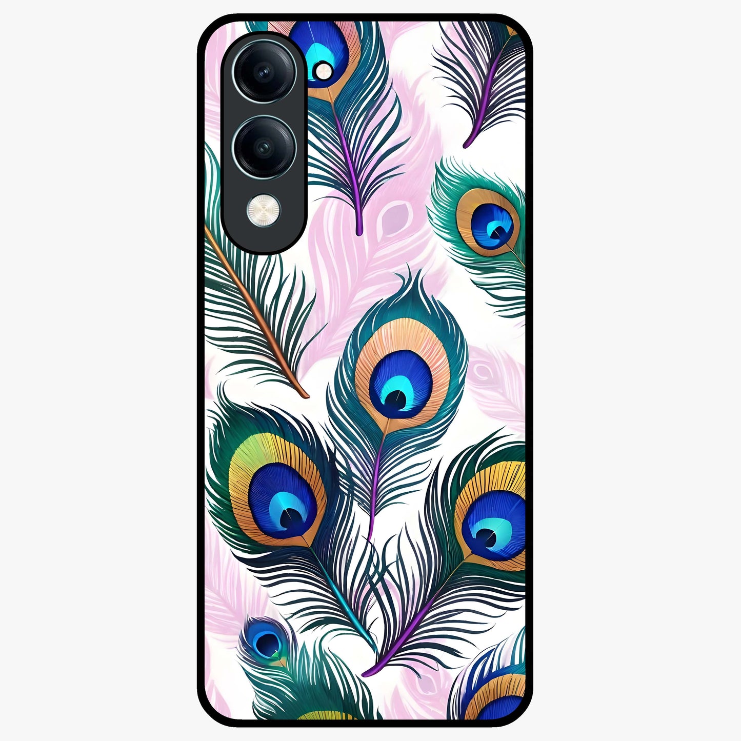 Royal Peacock Feathers Glass Case showing flat back view with colorful peacock feather artwork and glossy glass finish.