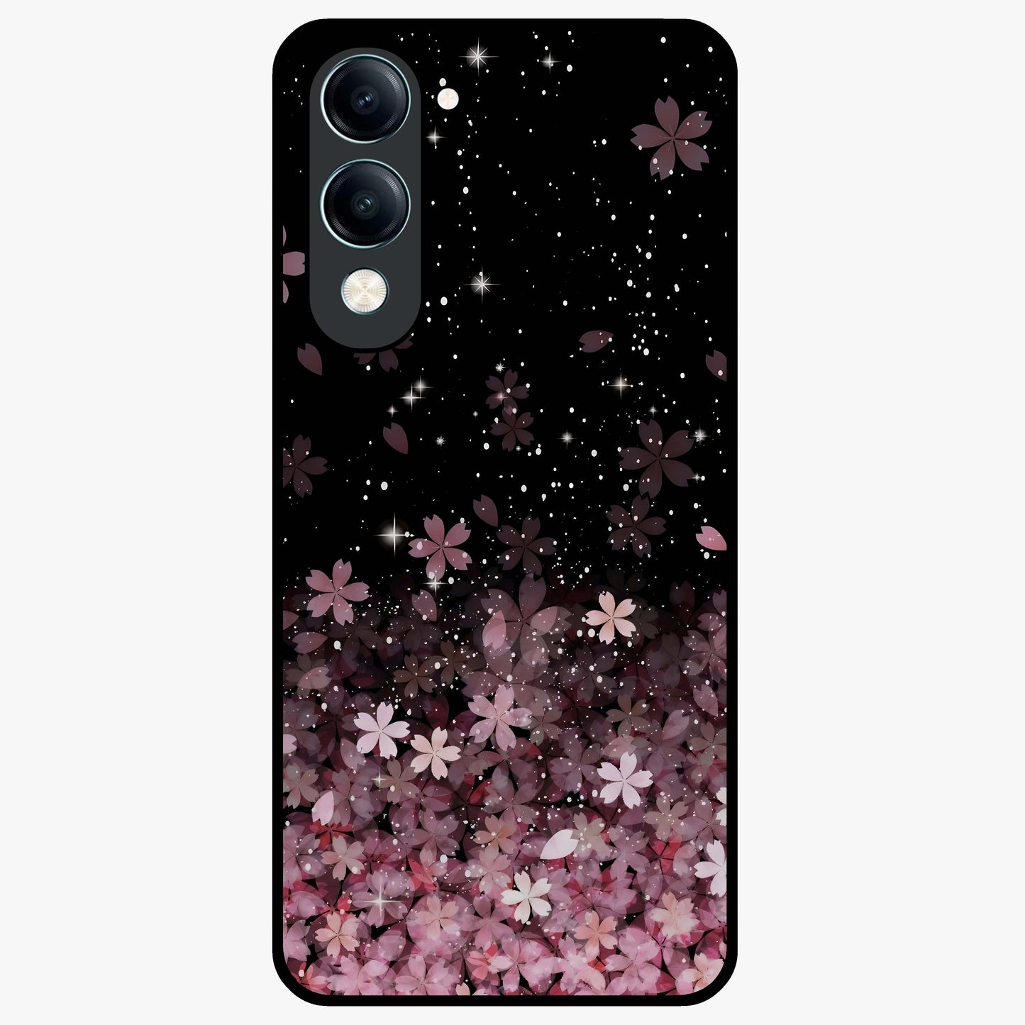 Small Starry Flowers Glass Case showing flat back view with delicate starry floral artwork and glossy glass finish.