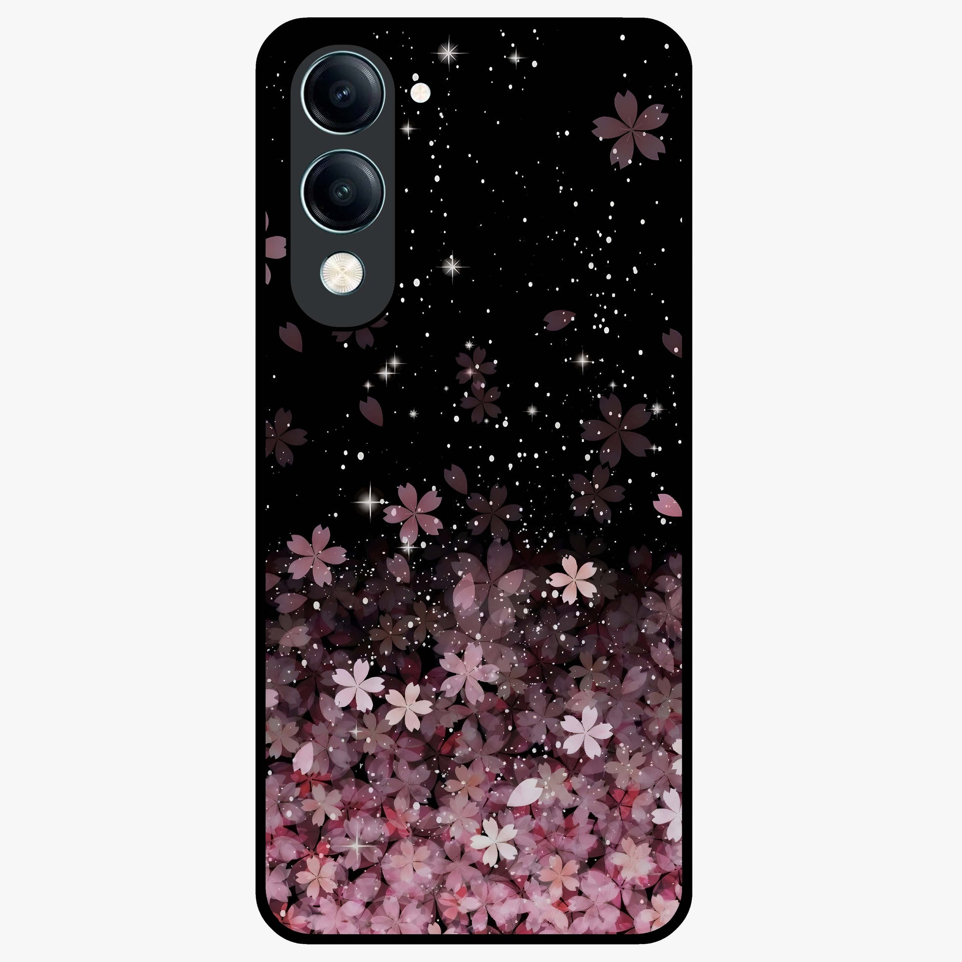 Small Starry Flowers Glass Case showing flat back view with delicate starry floral artwork and glossy glass finish.