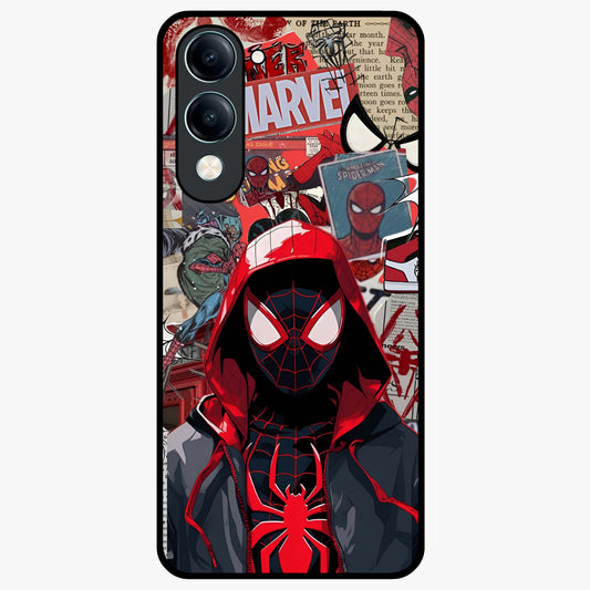 Spider Collage Street Glass Case showing flat back view with vibrant superhero collage artwork and glossy glass finish.