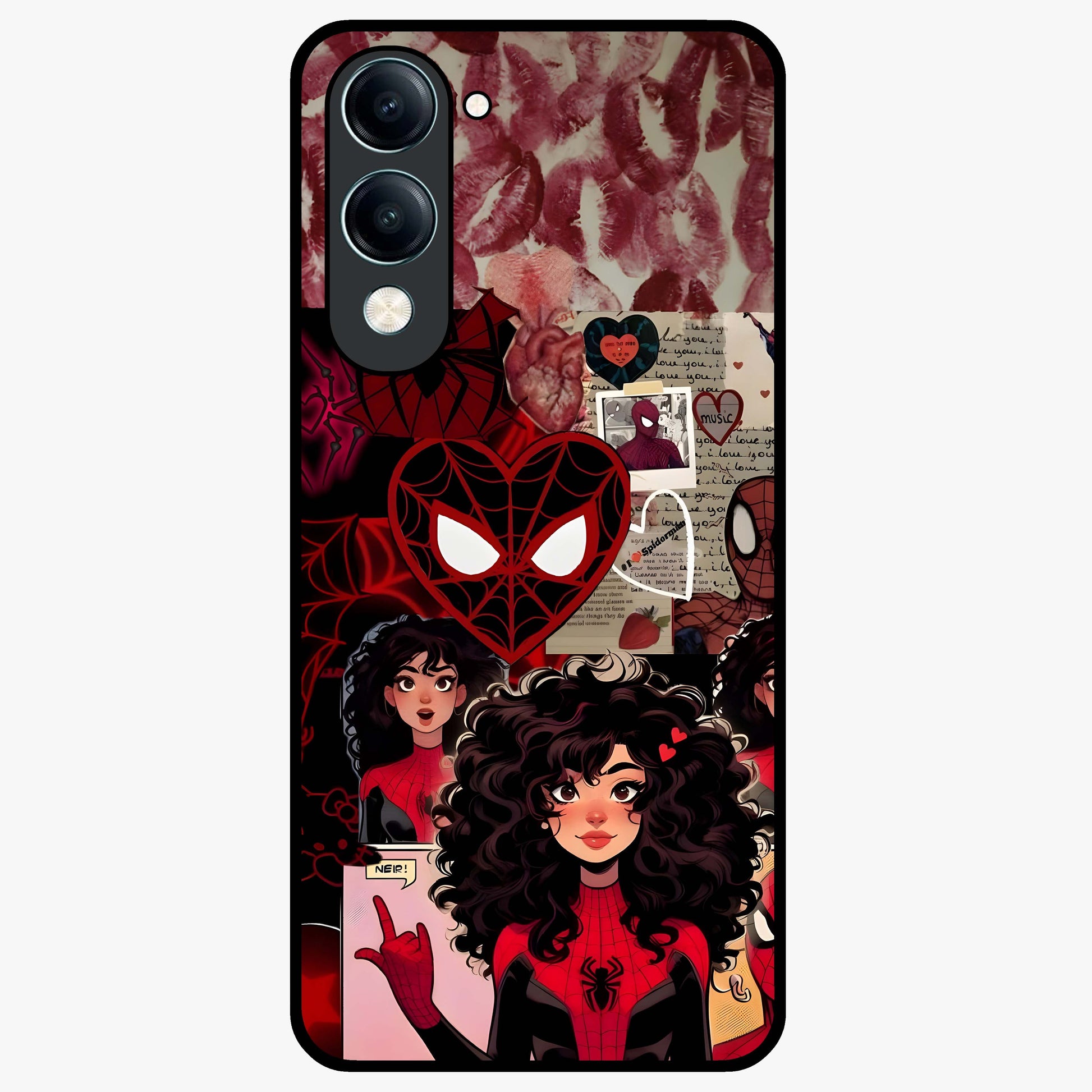 Spider Love Story Glass Case showing flat back view with romantic superhero themed artwork and glossy glass finish.