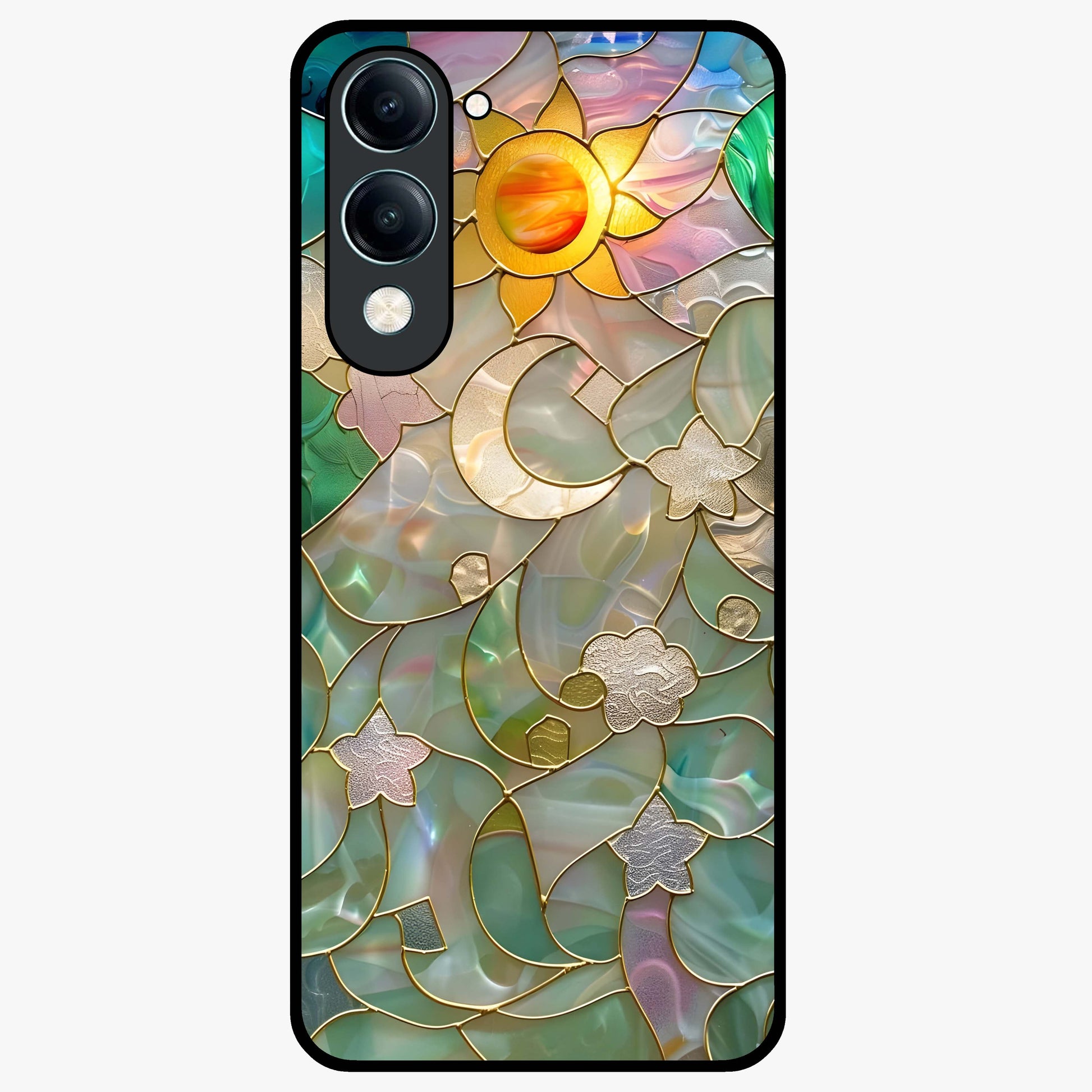 Stained Sunrise Glow Glass Case showing flat back view with glowing sunrise stained pattern artwork and glossy glass finish.