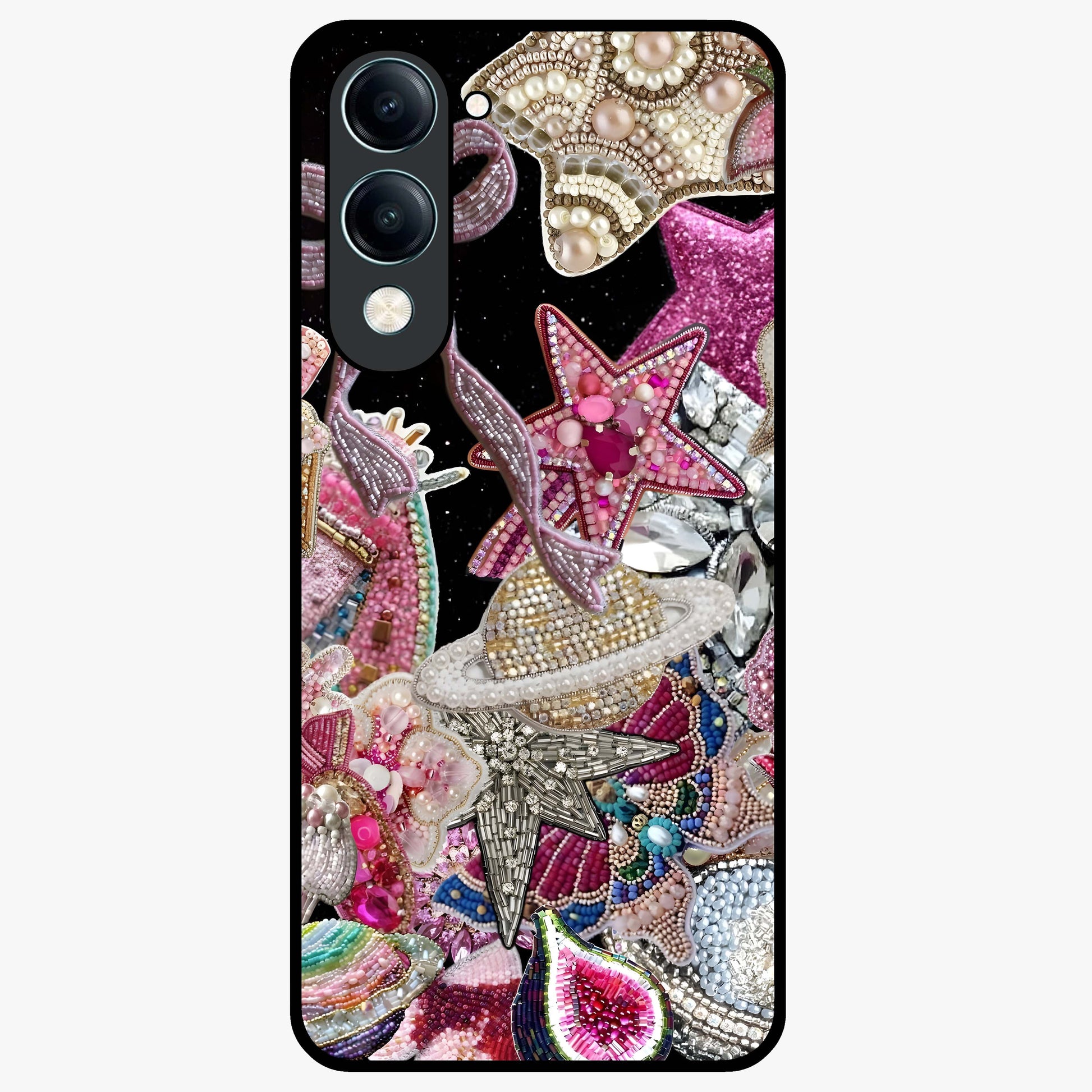 Starlit Jewel Dream Glass Case showing flat back view with sparkling jewel and star themed artwork and glossy glass finish.