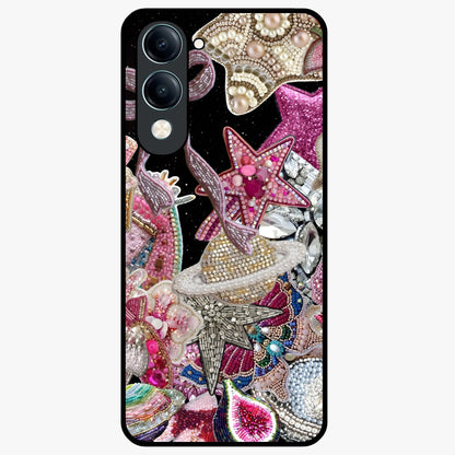 Starlit Jewel Dream Glass Case showing flat back view with sparkling jewel and star themed artwork and glossy glass finish.