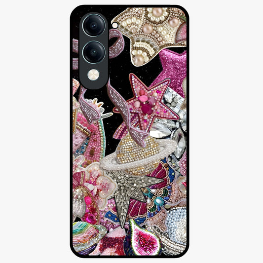 Starlit Jewel Dream Glass Case showing flat back view with sparkling jewel and star themed artwork and glossy glass finish.