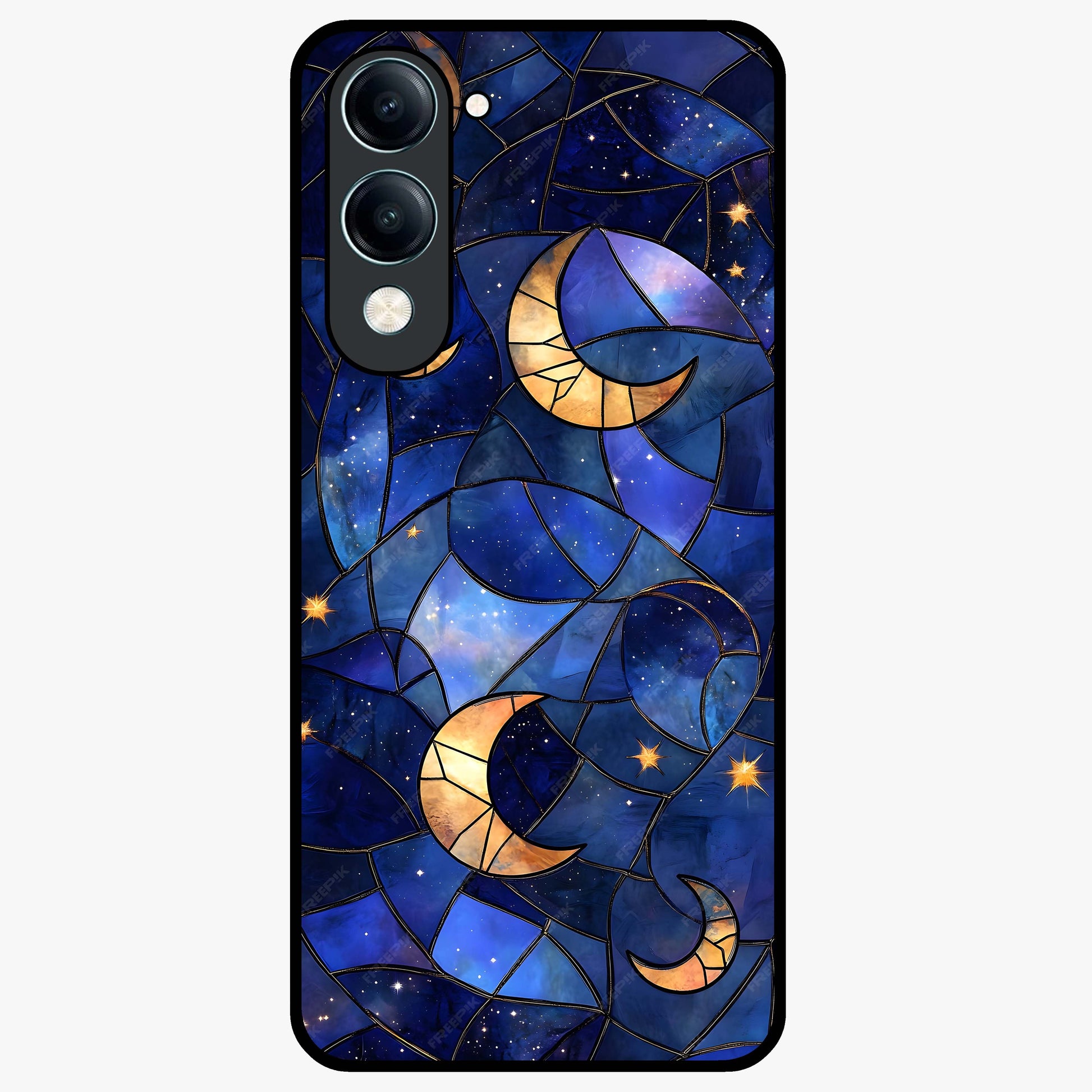 Starlit Sky Tapestry Glass Case showing flat back view with decorative starry sky tapestry artwork and glossy glass finish.