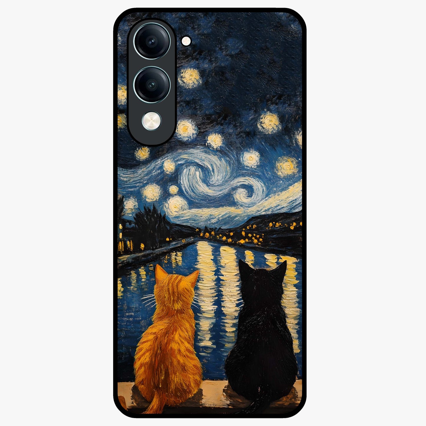 Starry River Cats Glass Case showing flat back view with cats by a starry river artwork and glossy glass finish.