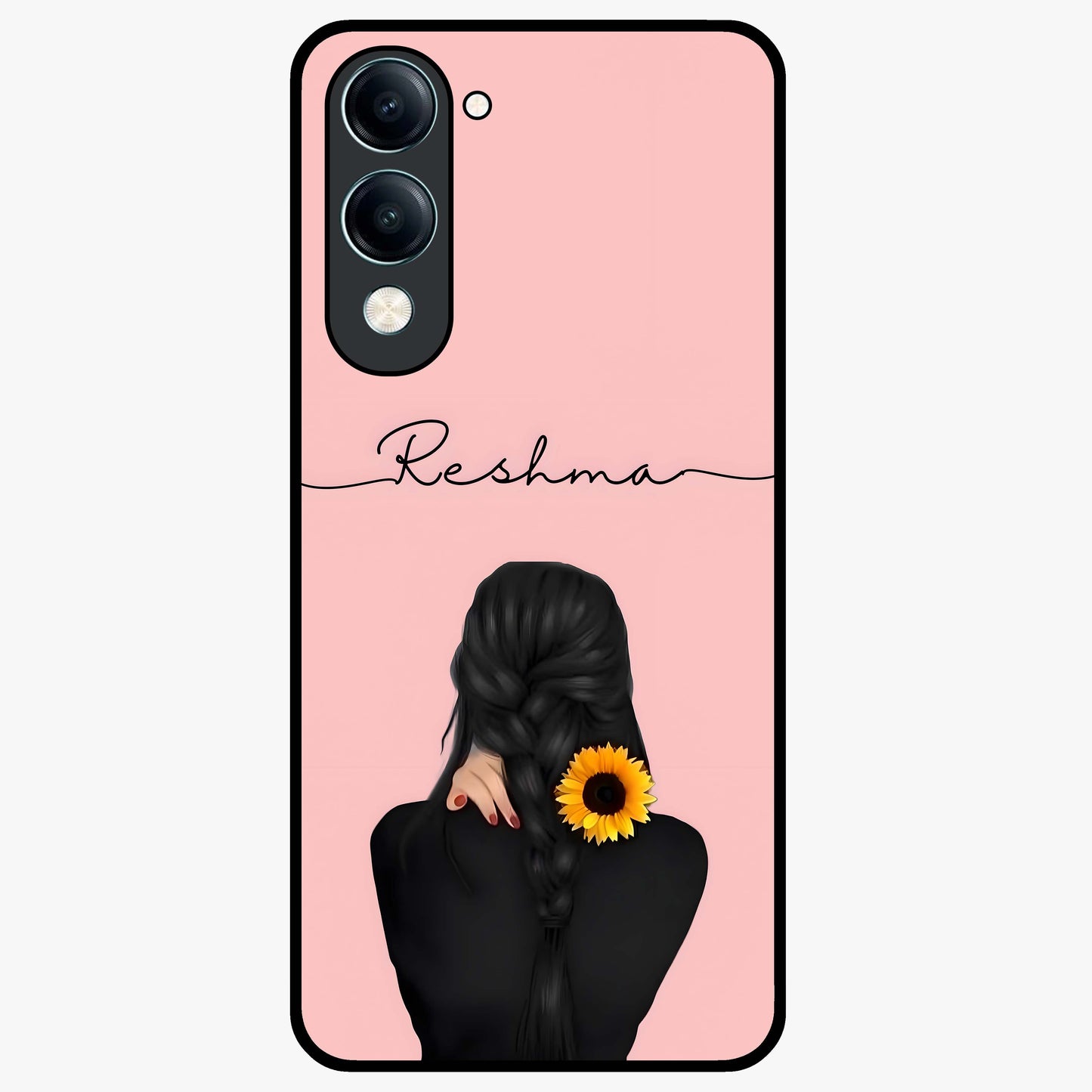 Sunflower Braid Beauty With Custom Name Glass Case showing flat back view with sunflower braid artwork and personalized name design.