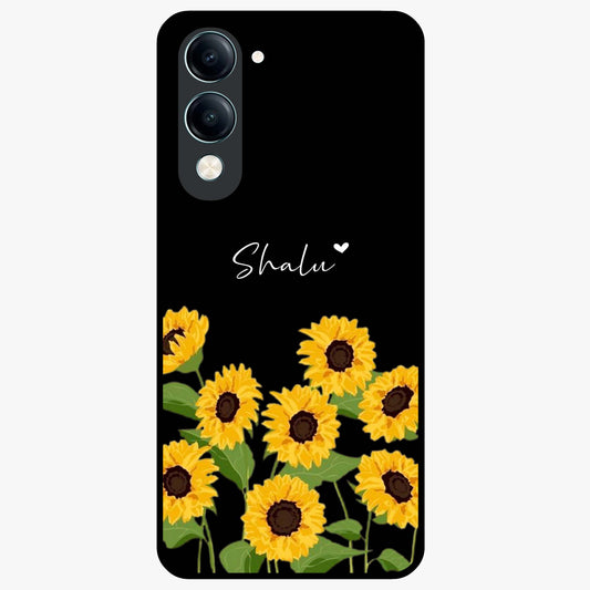 Sunflower Chic Mood Custom Name Glass Case showing flat back view with stylish sunflower artwork and personalized name design.