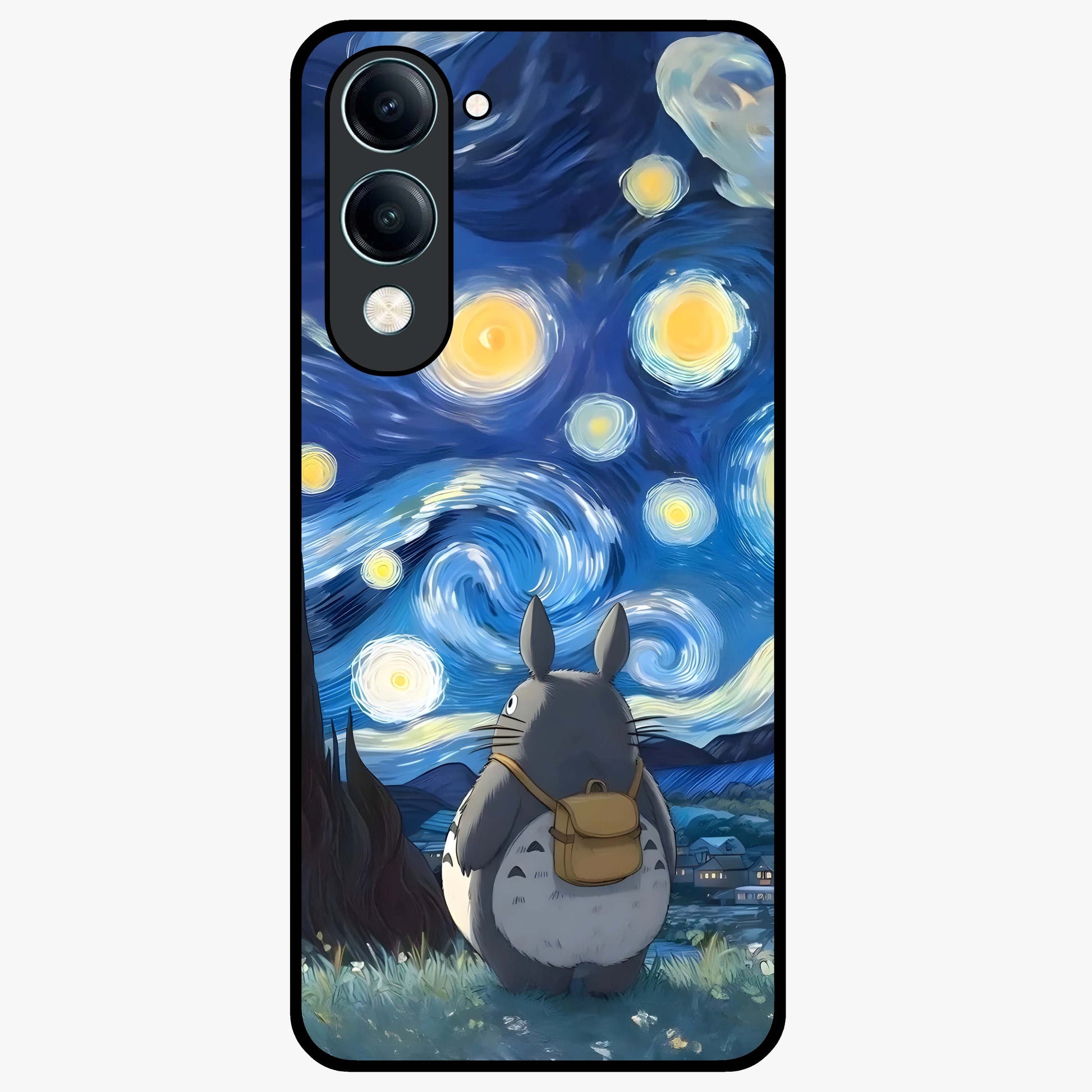 Totoro In Van Gogh Art Glass Case showing flat back view with whimsical character artwork inspired by Van Gogh style and glossy glass finish.