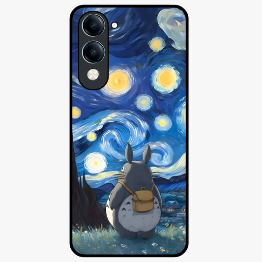 Totoro In Van Gogh Art Glass Case showing flat back view with whimsical character artwork inspired by Van Gogh style and glossy glass finish.