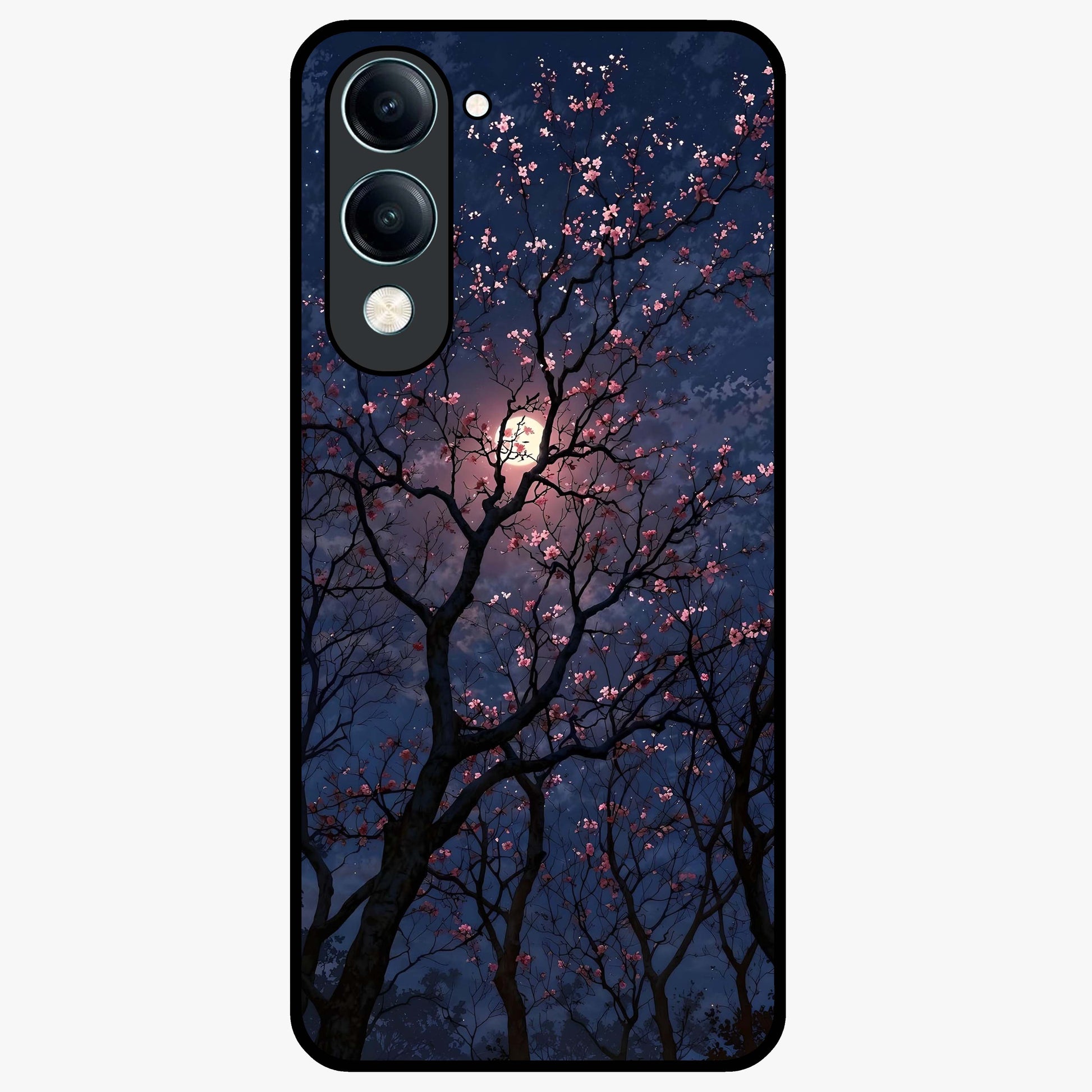 Twilight Sakura Serenade Glass Case showing flat back view with cherry blossom artwork at twilight and glossy glass finish.