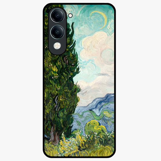 Van Gogh Vintage Art Glass Case showing flat back view with vintage painterly artwork inspired by Van Gogh style and glossy glass finish.