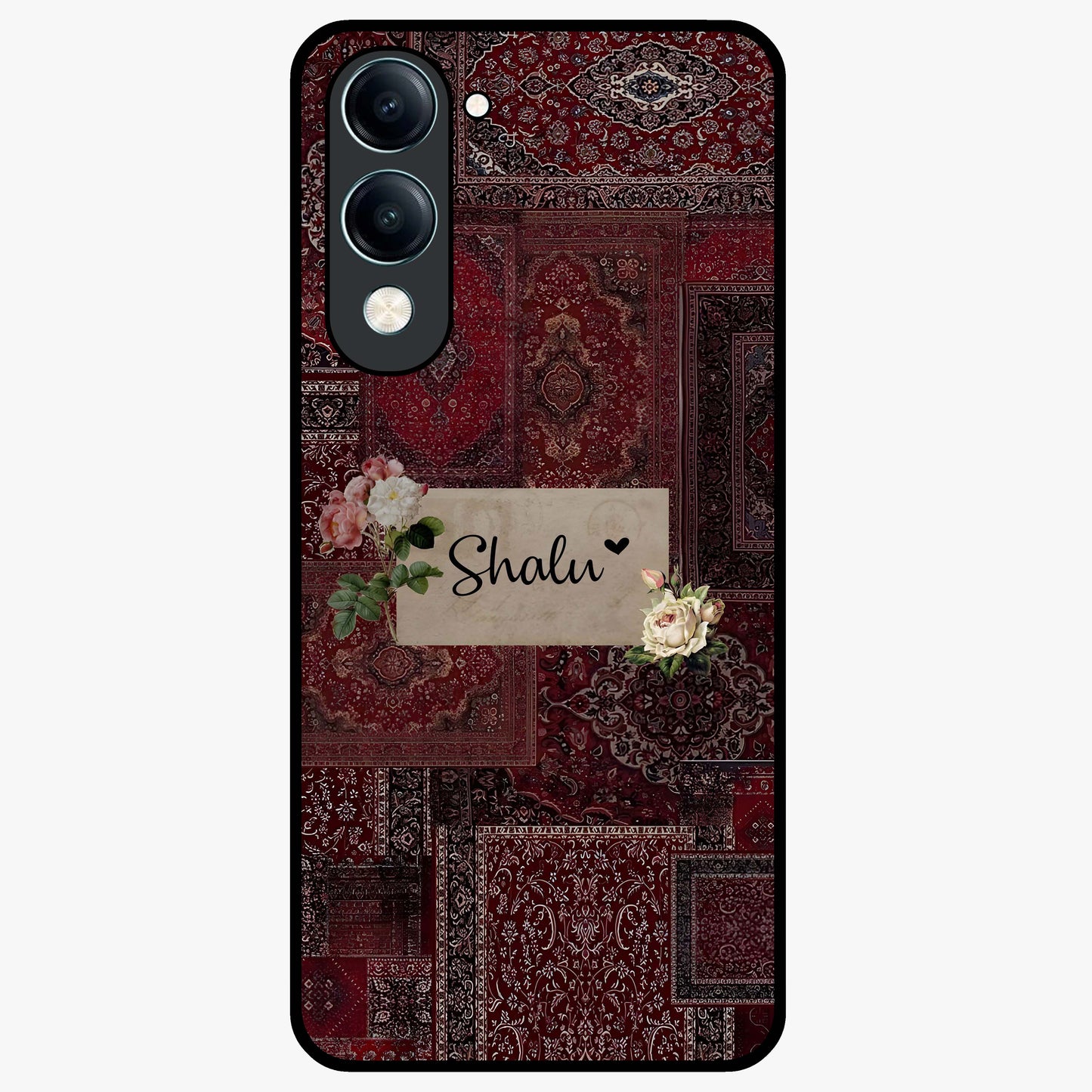 Velvet Wine Pattern Custom Name Glass Case showing flat back view with elegant wine colored pattern artwork and personalized name design.