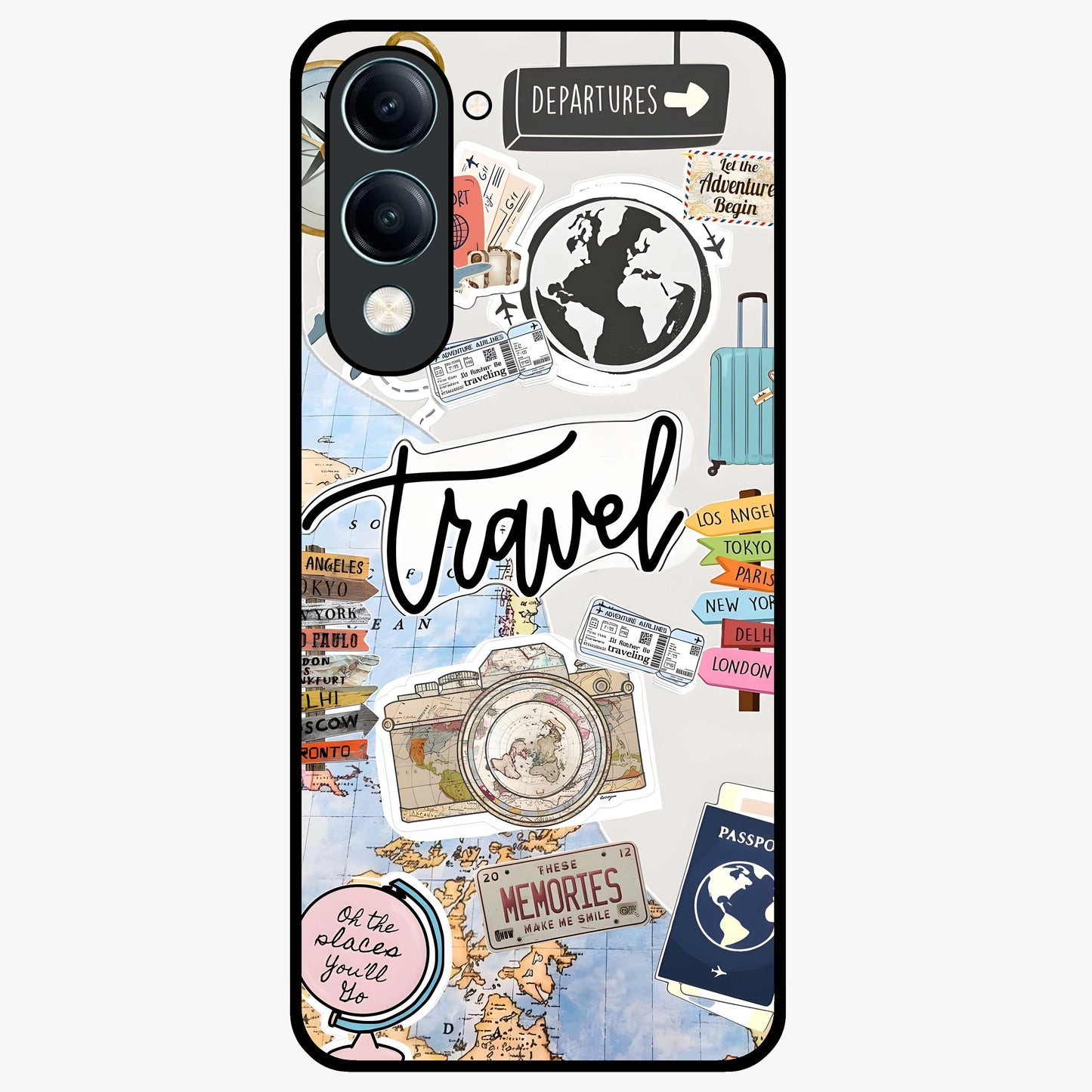 Wanderlust Journal Glass Case showing flat back view with travel inspired artwork and glossy glass finish.