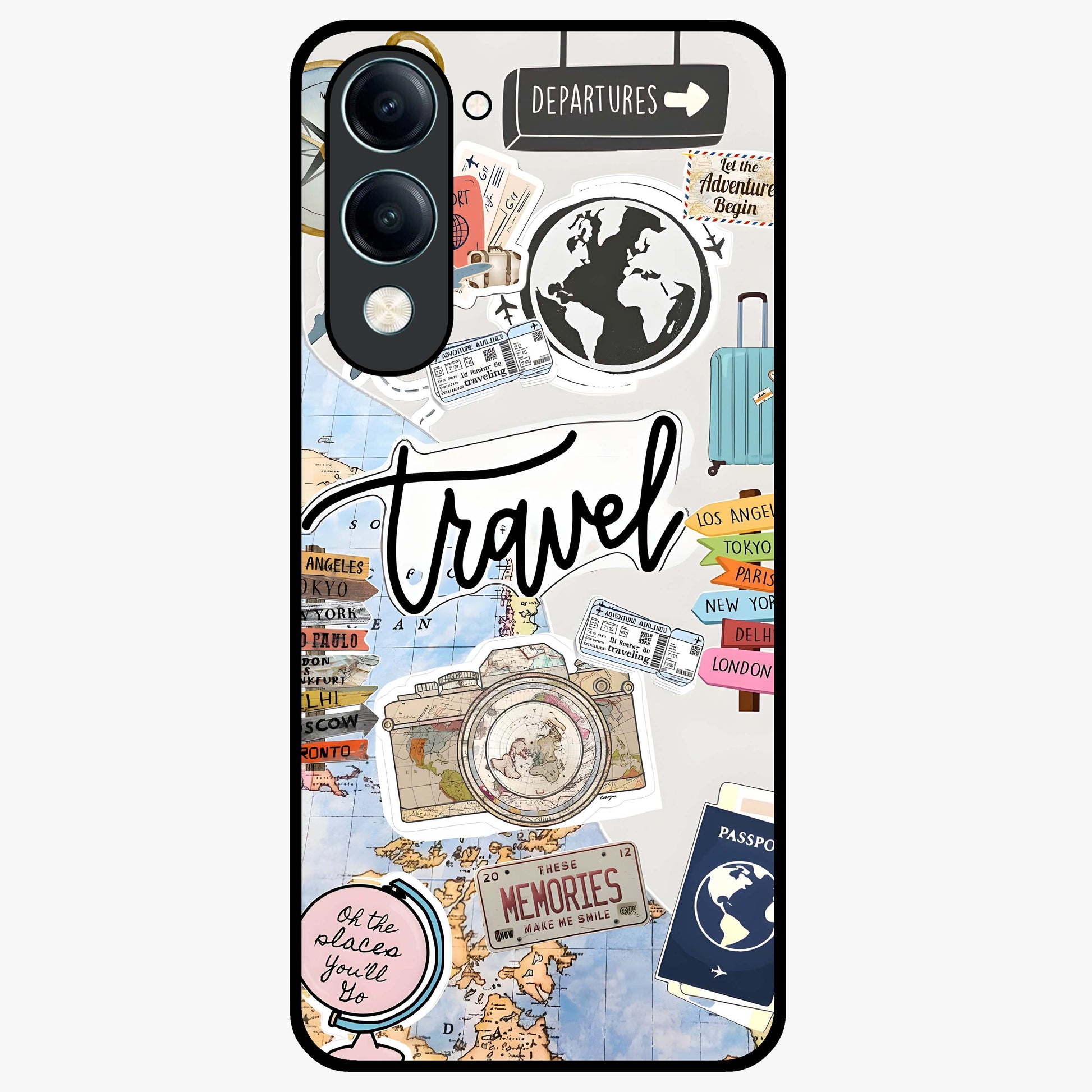 Wanderlust Journal Glass Case showing flat back view with travel inspired artwork and glossy glass finish.