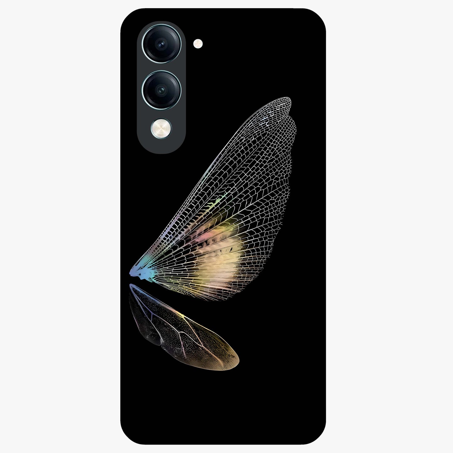 Whispers Of Wings Glass Case showing flat back view with graceful wing inspired artwork and glossy glass finish.
