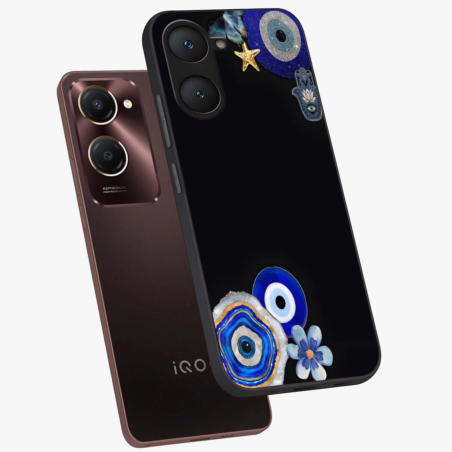 Aesthetic Blue Evil Eye Glass Case displayed in angled mockup highlighting blue evil eye symbol and spiritual aesthetic design.