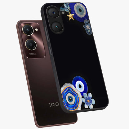 Aesthetic Blue Evil Eye Glass Case displayed in angled mockup highlighting blue evil eye symbol and spiritual aesthetic design.