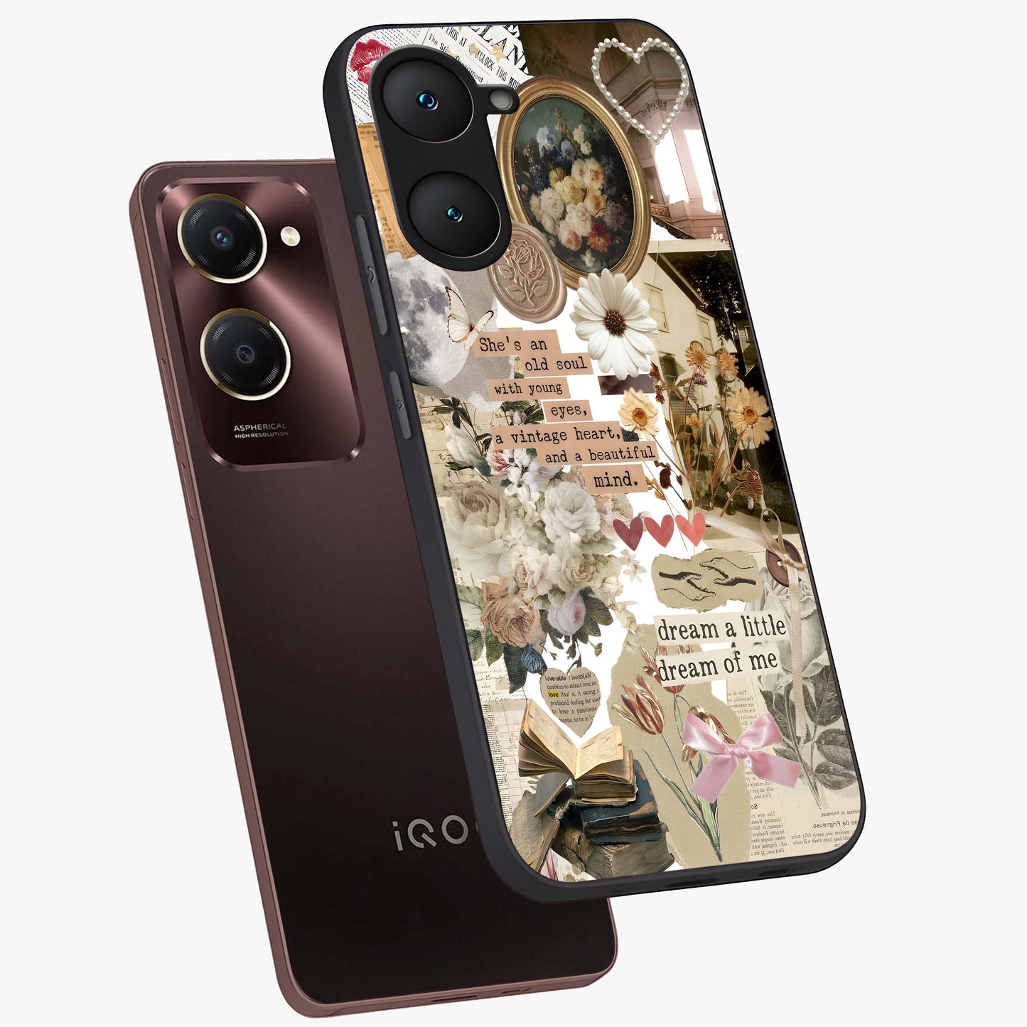 Aesthetic Brown Vintage Collage Glass Case displayed in angled mockup highlighting vintage aesthetic collage design.