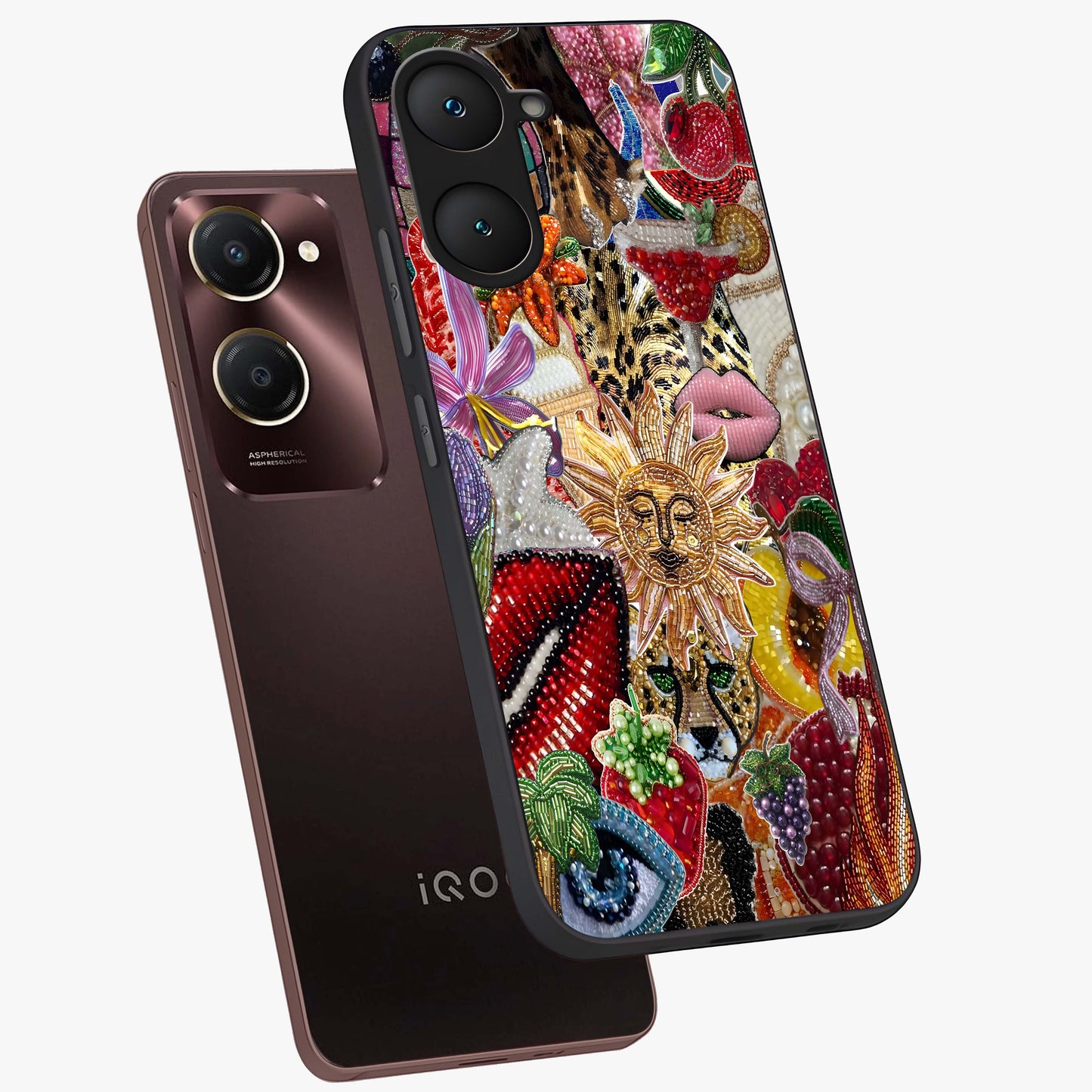 Beaded Fashion Jungle Glass Case displayed in angled mockup highlighting colorful fashion bead design and artistic pattern.
