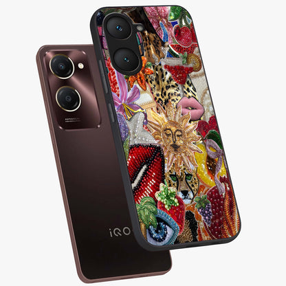Beaded Fashion Jungle Glass Case displayed in angled mockup highlighting colorful fashion bead design and artistic pattern.