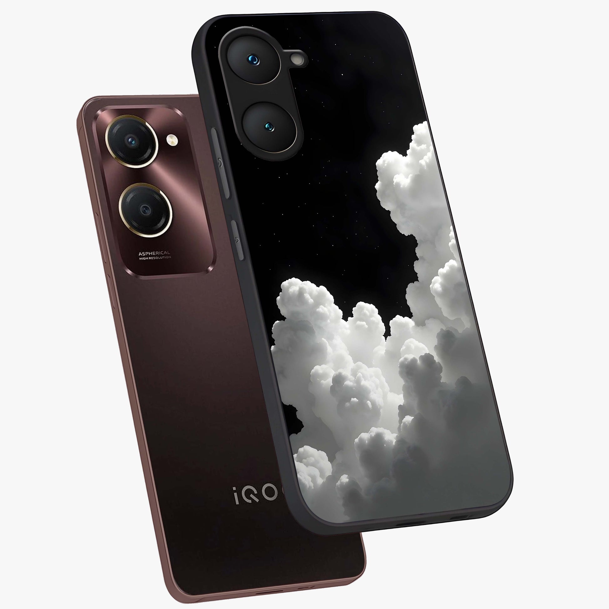 Black Background With White Cloud Glass Case displayed in angled mockup highlighting soft white cloud illustration and minimal design.