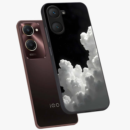 Black Background With White Cloud Glass Case displayed in angled mockup highlighting soft white cloud illustration and minimal design.