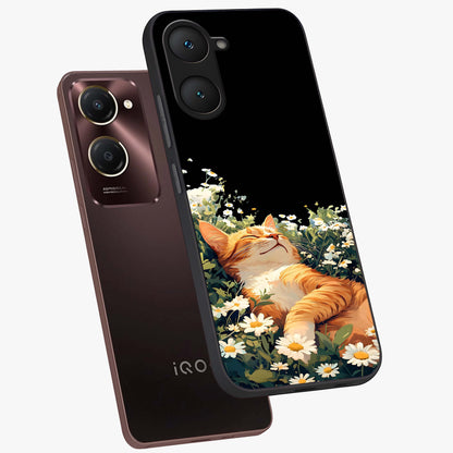 Blissful Bloom Cat Glass Case displayed in angled mockup highlighting playful feline illustration with soft floral aesthetic.