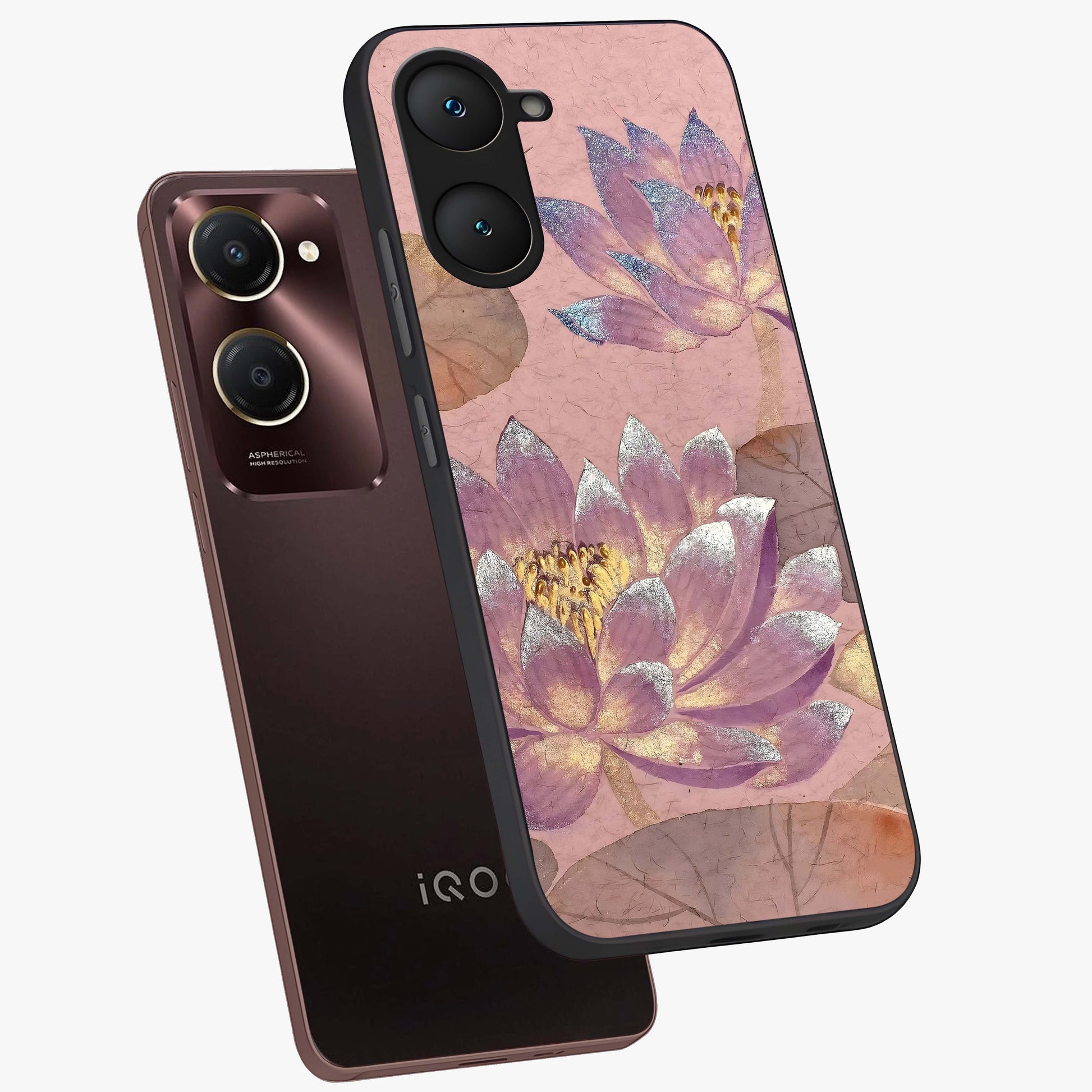 Blossom Mist Lotus Glass Case displayed in angled mockup highlighting delicate lotus illustration with calm aesthetic theme.