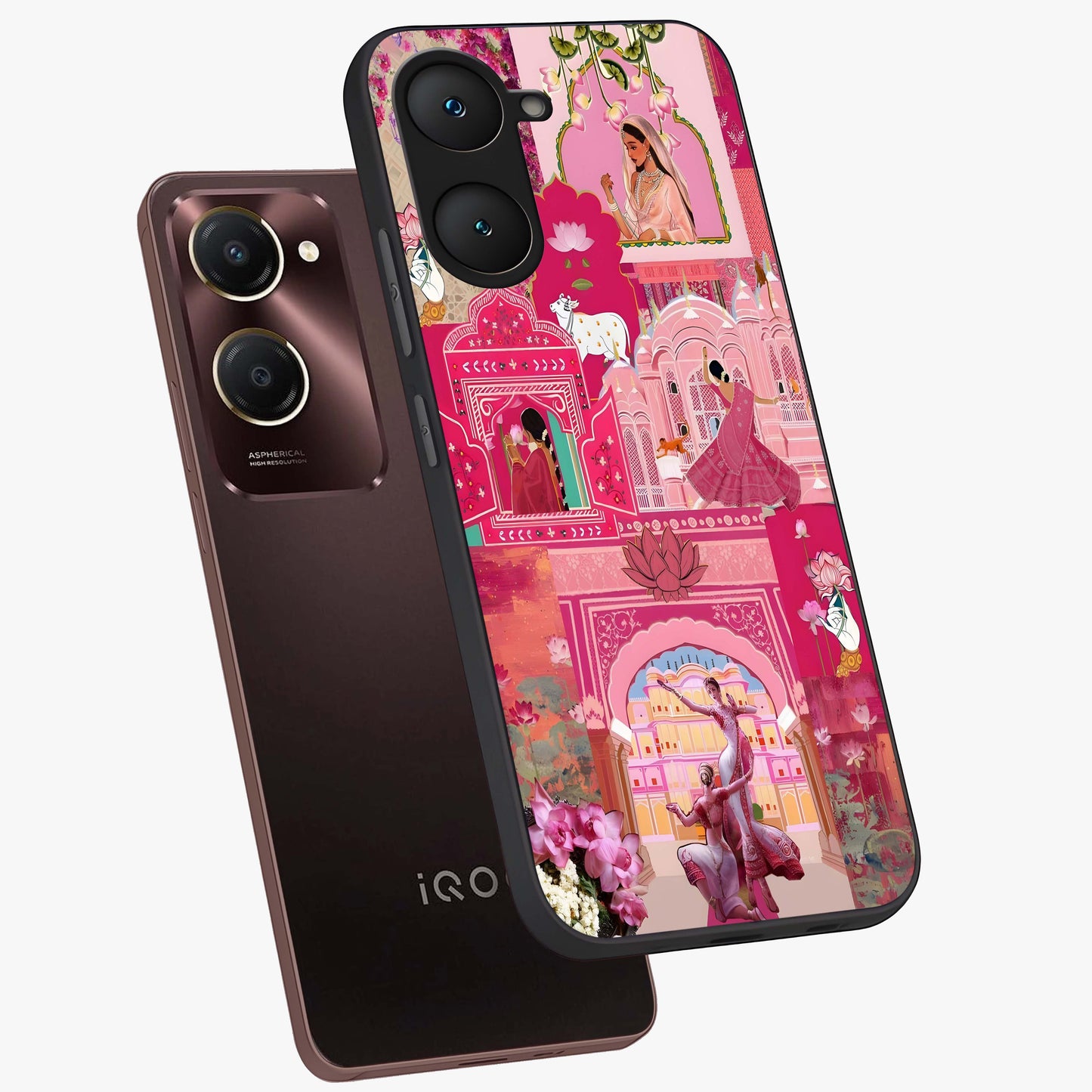 Blossoms of Rajasthan Glass Case displayed in angled mockup highlighting vibrant floral pattern with cultural aesthetic style.